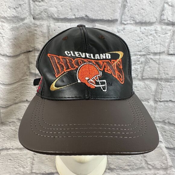 VTG NFL Cleveland Browns Embroidered Leather Cap Hat One-Size Adjustable Back - Picture 2 of 9
